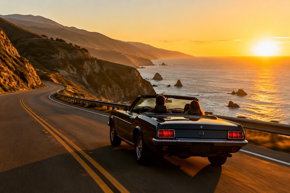 Convertible driving a coastal highway at sunset