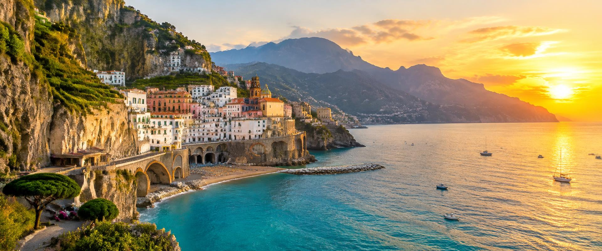 Coastal town on the Amalfi Coast at sunset