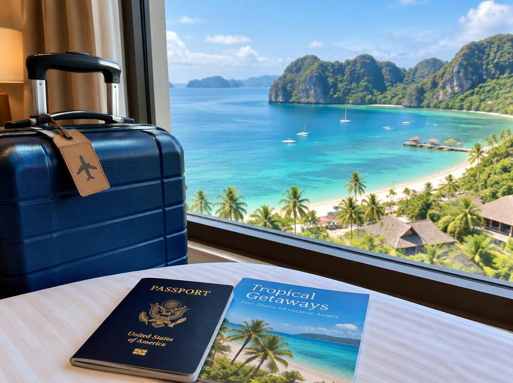 Suitcase and passport by a window overlooking a tropical bay